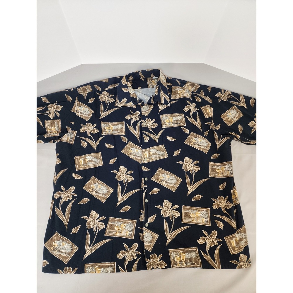 Half Moon Bay‎ Mens 3X Hawaiian Shirt Navy Blue Tropical Cocktail Floral Cotton